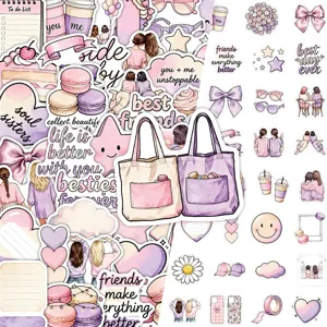 Pastel pink and lavender sticker designs with bows, macarons, bags and friends, arranged on white