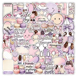 Flat lay of pastel pink and purple friendship stickers with sweets, bows, hearts, girls and quotes