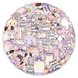 Pastel pink and purple sticker collage featuring friends, desserts, bows, hearts and English quotes