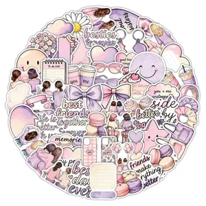 Pink and purple cartoon sticker set with friendship phrases, sweets and cute icons, arranged on white