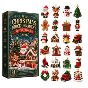 Christmas advent calendar box beside a neat grid of 24 colorful mini brick-built ornaments