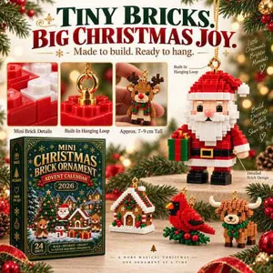 Santa, reindeer and gingerbread house brick ornaments displayed beside a 24-day advent calendar