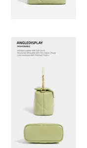Side and bottom views show the bag’s green quilted surface, chain handle, and gold-tone hardware.