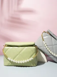 Green and gray quilted PU shoulder bags with gold chains and decorative pearl straps