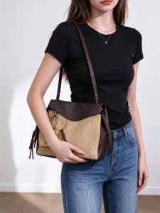Damen Echtleder Patchwork Umhängetasche Kontrastfarbe Klappe Messenger Bag Casual Pendeln Handtasche Mit Quasten-Dekor