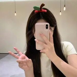 Cute Cartoon Plush Apple Stem Hair Clip Girly Velvet Fruit BB Clip Red Green Apple Headband For Women Girls Hair Accessories