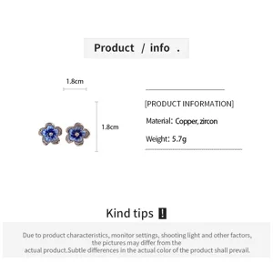 White-background info graphic showing blue flower earrings, their 1.8 cm size, and material details
