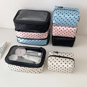 Borsa da Trucco Coreana a Pois con Cuore Grande Capacità Custodia da Viaggio per Cosmetici Donna Studente Poliestere Stampato Set