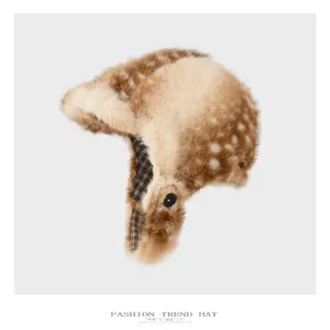 Faux-fur surface with brown-and-cream deer spots, plaid earflap ties and black eye accents