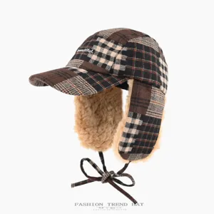 Vintage Plaid Woolen Trapper Hat For Men Women Winter Warm Earflap Aviator Hat Fleece Lined Ski Hat Windproof Bomber Hat