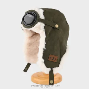 Chapka de Pilote d'Hiver pour Hommes Femmes Épaissi Chaud Doublé de Polaire Rabat d'Oreille Bonnet Bomber Avec Lunettes Ski en Plein Air