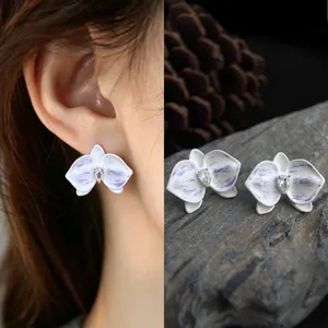 Matte Sandblasted Silver Color Copper Flower Stud Earrings Artistic Vintage Cold Style Floral Rhinestone Artificial Pearl Earrings For Women