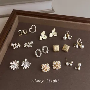 Light Luxury Copper Zirconia Stud Earrings For Women Minimalist Floral Bow Geometric Artificial Pearl Earrings Fashion Jewelry