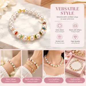 Bracelet de perles porté seul, superposé ou en collier, avec accents floraux colorés et coffret cadeau