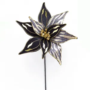 Fleur de Noël artificielle noire et dorée, aux pétales pailletés et à la tige noire élancée