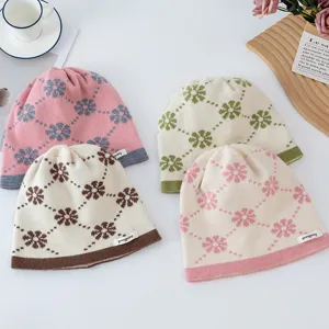 Women Jacquard Knit Beanie Hat Winter Warm Flower Argyle Pattern Knitted Cap Sweet Style Outdoor Windproof Cold Weather Hat