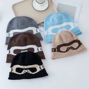 Women Warm Knit Beanie Hat Goggles Jacquard Pattern Winter Cold Proof Ear Protection Casual Solid Color Soft Skull Cap