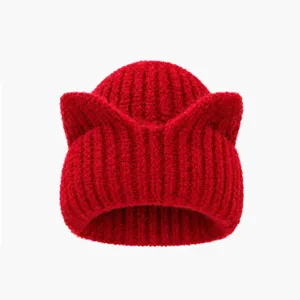 Cute Cat Ear Knitted Beanie Hat For Women Winter Warm Cable Knit Solid Color Ribbed Cuff Skull Cap Casual Daily Outdoor Thermal Headwear