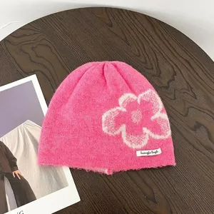 Gorro de Punto de Flores Estilo Coreano para Mujer Invierno Cálido Suave Sombrero Holgado Patrón Floral Accesorio para la Cabeza