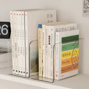Transparent acrylic desktop book organizer shown holding books in two clear upright storage racks