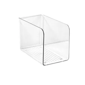 Clear plastic desk organizer for books and files, open-sided design with a grooved base