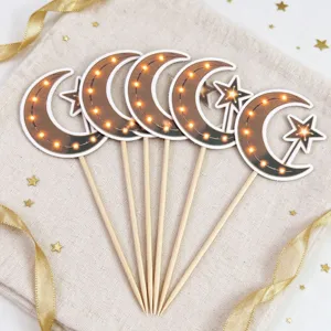 Star Moon Cake Toppers With Warm Light Effect Paper Wood Picks For Eid Birthday Party Cupcake Dessert Decorations