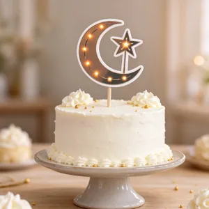 Crescent moon and star topper with warm lights displayed on a frosted cake stand
