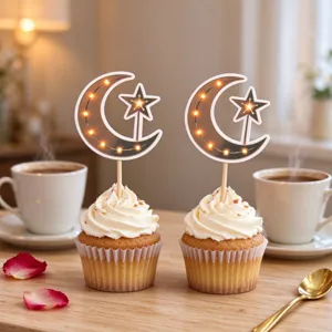 Two frosted cupcakes topped with crescent moon and star picks illuminated by warm lights