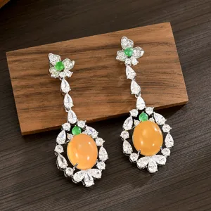 Pendientes Largos de Trébol de Cuatro Hojas Estilo Chino para Mujer Circonia Incrustada Vintage Amarillo Cabujón Joyería