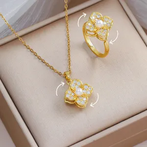 Rotatable Four-Leaf Clover Pearl Jewelry Set Copper Gold Plated Zirconia Inlaid Necklace And Open Ring For Women Elegant Floral Jewelry