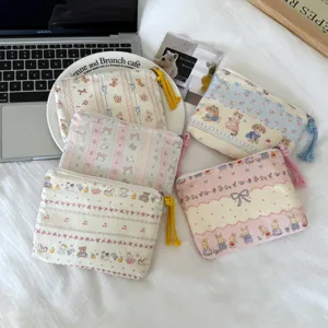 Korean Style Cartoon Animal Fabric Cosmetic Bag Cute Rabbit Bear Mini Coin Purse Portable Zipper Pouch With Bow Tassel