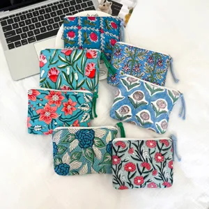 Trousse à Cosmétiques Vintage en Toile de Coton Florale Mini Porte-monnaie Portable avec Fermeture Éclair Petit Organisateur de Rangement pour Maquillage et Papeterie pour Femmes