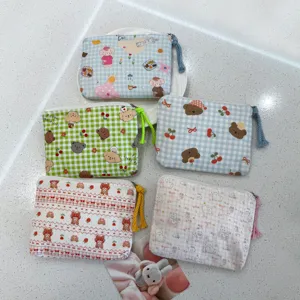 Cute Cartoon Plaid Canvas Coin Purse Portable Cosmetic Bag Student Mini Zipper Pouch Storage Bag For Women Girls Daily Use