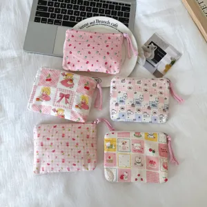 Korean Style Patchwork Plaid Fabric Coin Purse Cute Cartoon Animal Pattern Mini Storage Pouch For Earphone Jewelry Girls Gift Bag