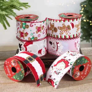 Cinta de Arpillera con Alambre de Navidad Dibujos Animados Papá Noel Muñeco de Nieve Cinta de Tela Decorativa para Lazos