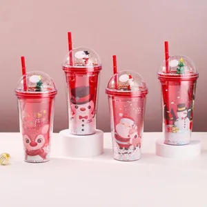 Double Walled Christmas Tumbler With Straw And Dome Lid Creative Cartoon Santa Snowman Reusable Plastic Travel Cup Holiday Gift