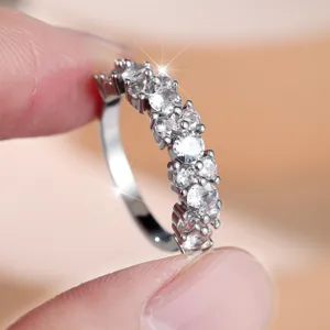Staggered Round Zirconia Half Eternity Ring Copper Silver Plated Irregular Geometric Band For Women Light Luxury Jewelry