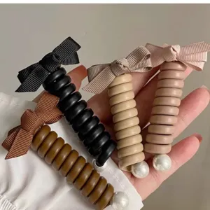 Élastique à Cheveux en Spirale avec Nœud Élégant Perle Artificielle Corde à Cheveux Tressée Support de Queue de Cheval Haute pour Femmes Accessoires Cheveux