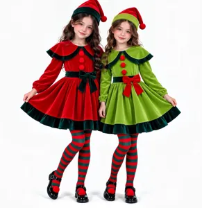 Costume da Elfo di Natale per Bambine Abito in Velluto di Poliestere Con Cappello Completo per Feste e Giochi di Ruolo