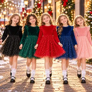 Vestido de Navidad de Terciopelo y Tul para Niñas Manga Larga Estrellas Brillantes Malla Princesa Fiesta Actuación Vestido Para Niños Rojo Verde