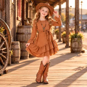 Robe de Costume de Cow-girl de l'Ouest pour Filles Manches Longues Volants Marron Polyester Robe Avec Ceinture pour Carnaval Performance Fête