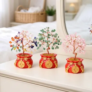 Árbol de Dinero de Cristal Natural Riqueza Fortuna Árbol Feng Shui Decoración Hogar Oficina Ornamento de Escritorio de Año Nuevo Base de Bolsa de Fortuna Roja