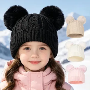 Toddler Baby Winter Warm Knit Hat Double Pom Pom Beanie Children Cold Weather Outdoor Knitted Cap For Boys Girls Acrylic