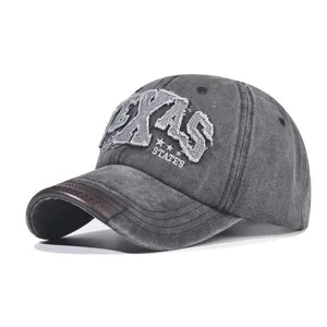 Washed Cotton Distressed Baseball Cap For Men Women TEXAS Embroidery Adjustable Outdoor Sun Hat Retro Hip Hop Peaked Cap Leather Brim Detail