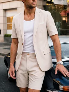 Men Casual Short Sleeve Blazer And Shorts Top And Bottom Solid Color Polyester Summer Outfit Gentleman Suit Daily Office Wear