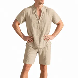Men's Summer Casual Linen Blend Short Sleeve Shirt And Shorts Two Piece Set Beach Vacation Commute Loose Outfit