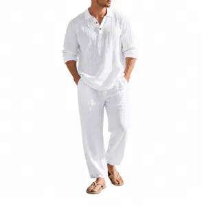 Men Casual Linen Long Sleeve Lapel Shirt And Pants Set Solid Color Beach Resort Loose Top And Bottom Suit
