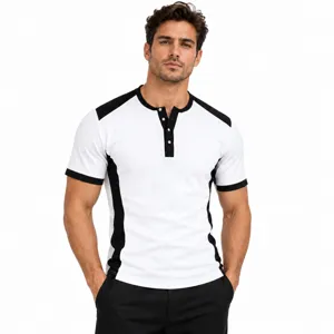 Men's Summer Casual Slim Fit Cotton Blend Color Block Short Sleeve T-Shirt Breathable Henley Neck Sporty Top