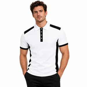 Men's Business Casual Slim Fit Short Sleeve Polo Shirt Color Contrast Knitted Top