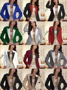 Women Elegant Color Block Lapel Blazer Jacket Slim Fit Long Sleeve Business Office Professional Work Wear Outerwear Coat